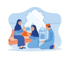 Mother sits on the sofa in the house. The children knelt and apologized. Happy Eid Mubarak concept. flat vector modern illustration