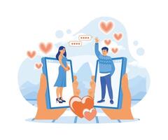 Hands holding a gadget with a young couple emerging from the gadget screen. Online dating. Online Dating concept. Flat vector illustration.