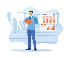 Businessman in glasses working in modern office. Using a digital tablet to analyze company financial data. Finance control scenes concept. Flat vector illustration.