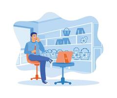 The owner of a craft shop records the stock of goods in the shop. Make calls to customers to confirm orders. Digital business concept. Flat vector illustration.