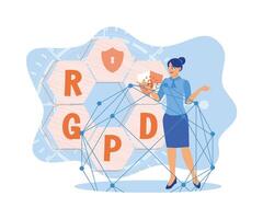 hermosa mujer en pie y trabajando con información. español, francés y italiano versiones de rkpd y gdpr. el general datos proteccion regulación o gdpr concepto. plano vector moderno ilustración