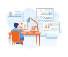 Male businessman analyzing data on a computer screen. Man working in modern office. Business analysis concept. Flat vector illustration.