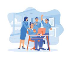 A group of employees celebrating success together at work. They look happy and enthusiastic. Happy business team, colleagues are rejoicing in the success concept. Flat vector illustration.