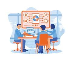 A team of front-end developers is brainstorming UI and UX designs on a laptop computer screen. They work in modern offices. APP devs concept. Flat vector illustration.