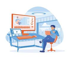 Male video editor working in creative office loft. Working with recordings on a computer screen. Video Editor concept. Flat vector illustration.