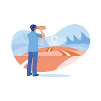 A businessman stands at the beginning of the road, looking into the distance with a telescope. Motivation and business strategy concept. Career Development concept. vector