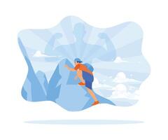 A powerful man climbs a mountain. Feeling strong. Try your best to get to the top. Self-improvement concept. Flat vector illustration.