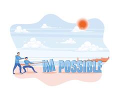 Two men standing on the beach in the afternoon. Turn impossible text into possible using strings. Self-improvement concept. flat vector modern illustration