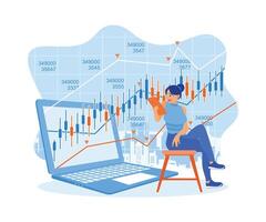 Broker investors analyze indices. Female trader analysts examine stock market trading indices. Stock Trading concept. Flat vector illustration.