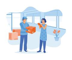 A courier delivers a package to a customer's address. Woman checking and signing the delivery form. Order Confirmation concept. Flat vector illustration.