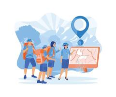 A young tourist with a backpack on their back. Gather around the tour guide in the Celsus library area in Ephesus to listen to the guide's explanation of the site. Tourist Guide concept. vector