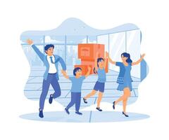 The happy couple and children are holding hands, jumping, and celebrating relocation day to their own home. A couple of happy, funny parent concepts. Flat vector illustration.