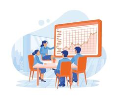 The female chief analyst holds a meeting with a team of economists. The interactive digital whiteboard displays growth graphs, statistics, and sales data. Growth Analysis concept. vector