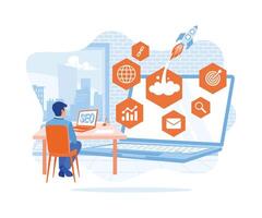 Entrepreneurs use traffic rankings on websites to improve marketing. The SEO rocket icon appears on the laptop screen. SEO concept. Flat vector illustration.