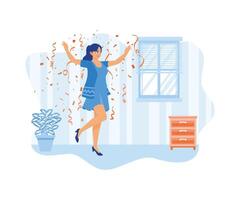 Beautiful girl celebrating a party at home. Jump under the confetti that falls flying. Celebration concept. Flat vector illustration.