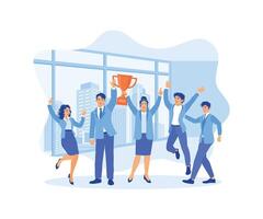 A group of young business people are having fun and holding trophies in the office. Successful teamwork. Happy business team, colleagues are rejoicing in the success concept. Flat vector illustration.