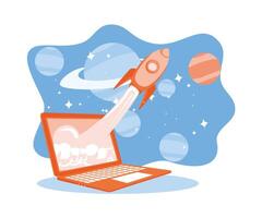 A rocket flies from the laptop screen. New project concept towards success. Rocket is launching the boost concept. Flat vector illustration.