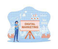 The businesswoman is holding a presentation with the marketing team. Analyze marketing graphics on a virtual screen. Digital marketing media concept. vector