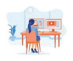 Female videographer editing video footage with a two-screen computer. Improve video quality using special software. Video Editor concept. Flat vector illustration.