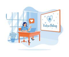 Young woman sitting in front of laptop. She is dating online her boyfriend at home. Online Dating concept. Flat vector illustration.