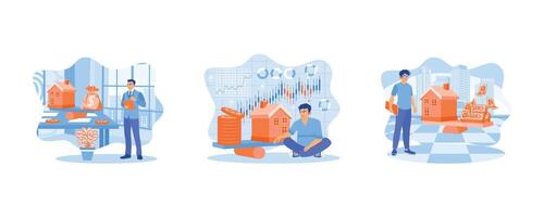 House Model Balance Equilibrium Concept. Real Estate Money. Money and house scales. set flat vector modern illustration