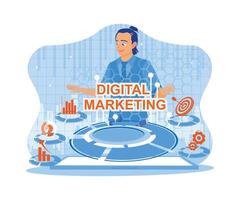 Man hand pressing digital marketing icon button on virtual screen. Entrepreneurs create advertising and digital marketing on the Internet to improve business technology. vector
