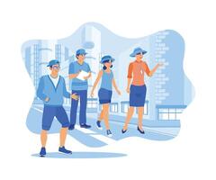 A group of students went on a field trip on an urban tour. They were guided by a tour guide who pointed out local architects. Tourist Guide concept. Trend Modern vector flat illustration