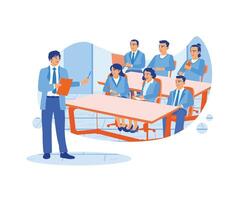 The male leader provides initial process guidance at a training session for employees. Selective focus. Students in the learning process. flat vector modern illustration