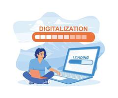 Man using laptop creating digital world concept. Hologram digitalization word and loading bar element icon on the laptop screen. Digital business concept. Flat vector illustration.