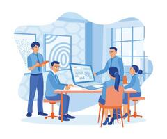 A group of business people are using laptops during meetings. Work together on new business projects. Business people in office workplace concept. Flat vector illustration.