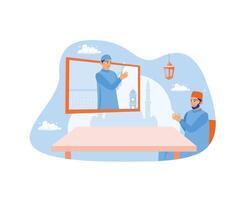 Man making a video call with a friend. Forgive each other online. Happy Eid Mubarak concept. flat vector modern illustration