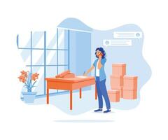 Small business owner talking on the phone after receiving an order. Businesswoman writing order on paper. Order Confirmation concept. Flat vector illustration.