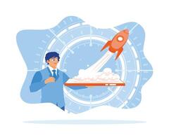 A businessman hand is holding a smart phone with a rocket launching from the screen. Businessman holding rocket concept. flat vector modern illustration