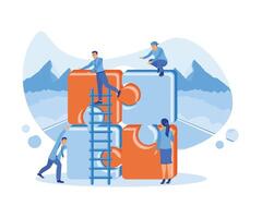 Business people connect puzzle elements. Symbol of teamwork, cooperation, partnership. Team communication. flat vector modern illustration