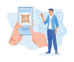 Men use mobile phones for online payments. They are using a QR code scanner application on the cellphone screen. Digital business concept.Flat vector illustration.