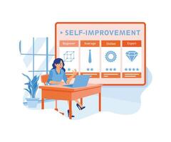 A smart girl performs a self-performance assessment using a laptop. Self-improvement concept. flat vector modern illustration