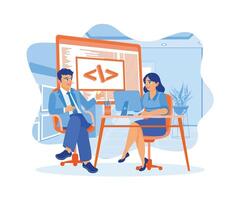 Two young designers work at a software development company. Developing programming and coding technology on computers. Software developers concept. Flat vector illustration.