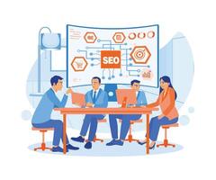 Company leaders and the marketing team are meeting in a conference room. Discusses digital marketing systems by optimizing SEO search engines. SEO concept. Flat vector illustration.