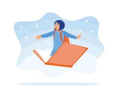 Development of imagination. Cheerful, smiling little girl flying on an open book. Back to school. Education concept. Flat vector illustration.