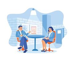 Business people sitting in a meeting room using a digital tablet to discuss information with colleagues in the office. Digital business concept. Flat vector illustration.