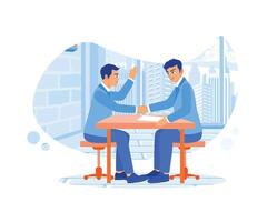 HR managers greet applicants before job interview process, They shake hands feeling satisfied after negotiation. Agency worker meeting a client. flat vector modern illustration