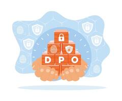 mano participación un de madera bloquear con un dpo datos proteccion oficial icono arreglado en un pirámide. general reglas para datos proteccion gdpr concepto. plano vector moderno ilustración