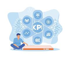 Man uses a tablet to access business and technology concepts. The KPI icon appears on the screen. Smart KPI concept. flat vector modern illustration