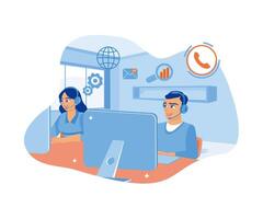 Call center worker using headset in modern office. Receive calls from clients in front of the computer. Woman with phone calling to customer support service concept. Flat vector illustration.