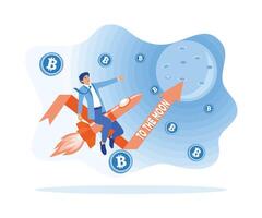 A young businessman is riding a rocket towards the moon with a Bitcoin icon falling from the moon. Successful career take of concept. Flat vector illustration.