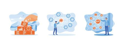 Key Performance Indicator. Key Performance Indicator KPI using Business Intelligence BI metrics to measure achievement versus planned target. Technology and network. vector