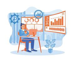 An analyst uses a dual-screen computer. Analyze business data and data management with KPIs. Business analysis concept. Flat vector illustration.