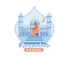 Adult man praying on stairs. Mosque and crescent moon in the background. Ramadan Kareem concept. Flat vector illustration.