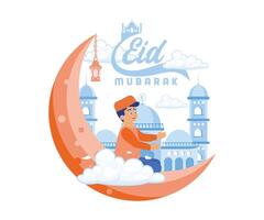 Boy sitting on a crescent moon. Welcome, Eid al Fitr, with a happy heart. Happy Eid Mubarak concept. flat vector modern illustration