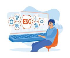 el hombre es utilizando auriculares y sentado en frente de el computadora. empresario análisis esg. el concepto de esg icono. plano vector moderno ilustración